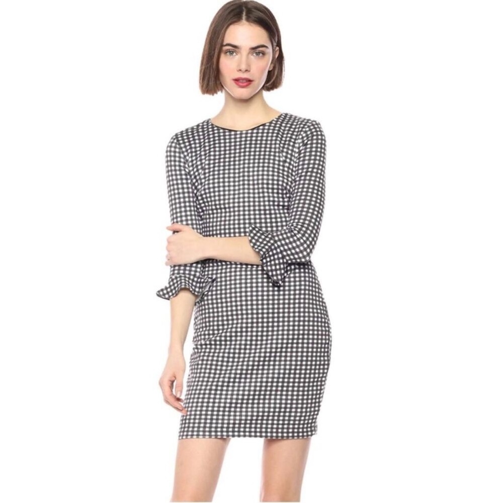 Bailey 44 Taupe Gingham Ponte Friends With Benefits Dress Plaid Ruffle Size L